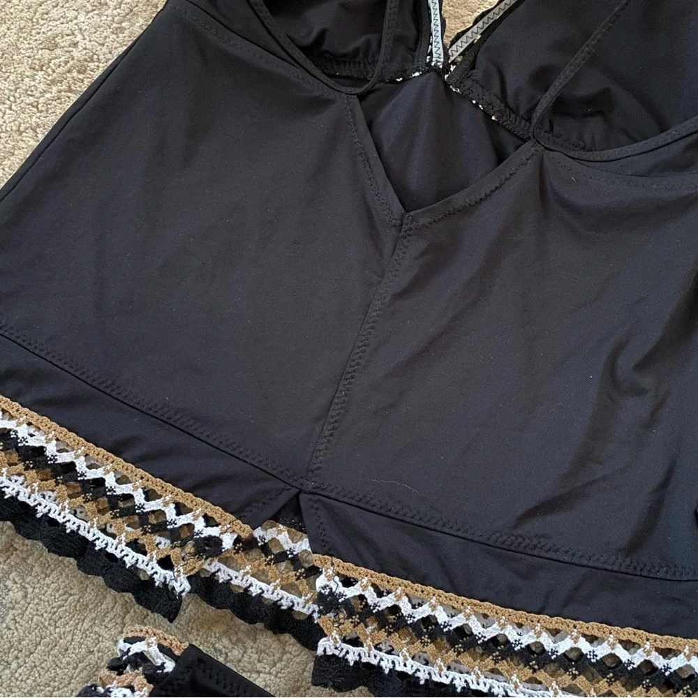 Becca Fiesta Bikini Set Matching 3 Piece Crochet Black Triangle Wireless Bra: L